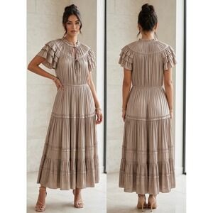 RESET Pleated Tiered Maxi Dress Medium Taupe Mushroom Satin Flutter Sleeve Boho